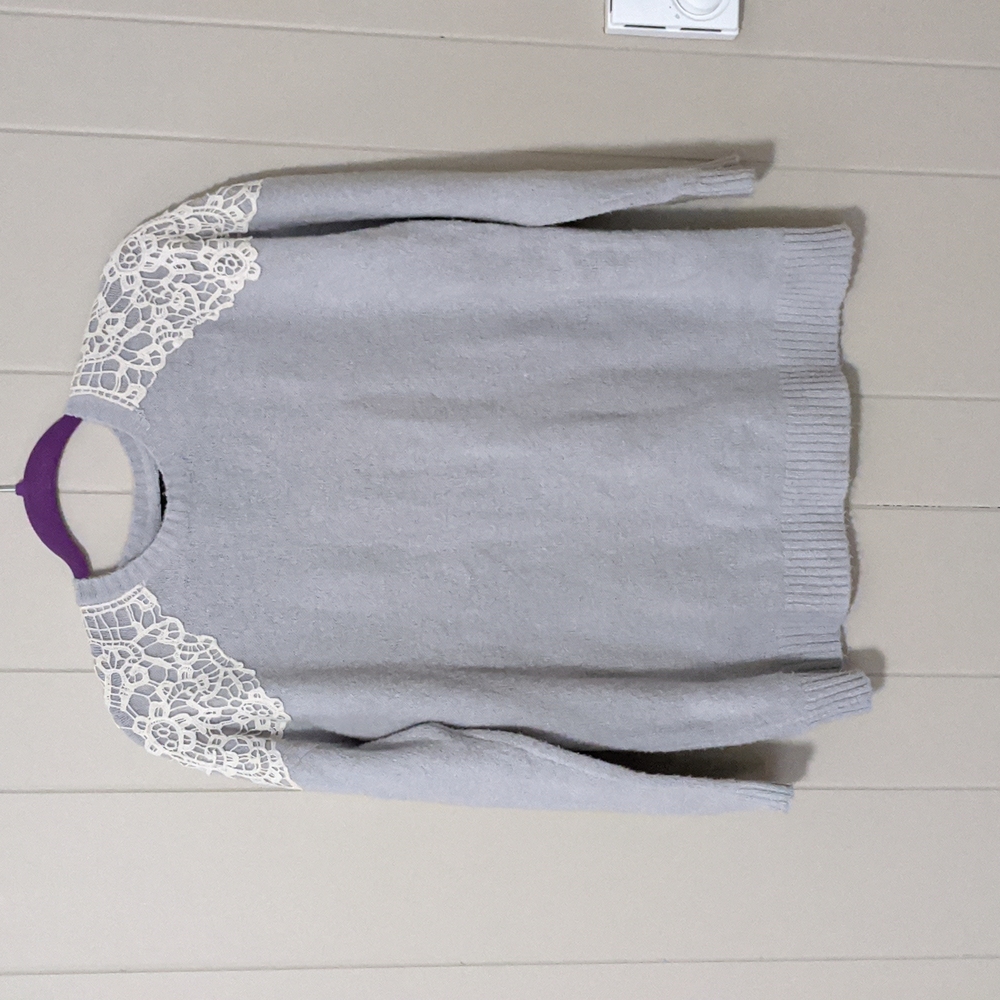 - Forever 21 Gray 3/4 Length Sweater with Lace Shoulders